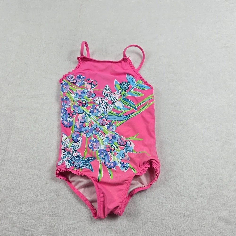Lilly Pulitzer Girls Size 3 UPF 50+ Juliet Swimsuit In Pink Tropics